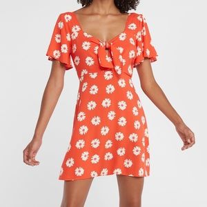 Lush Red-Orange Daisy Front Knot Tie Mini Dress